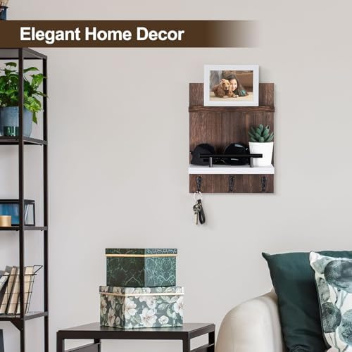 Key Holder Wall Mount, Key Holder With 2 Display Shelf, 3 Hooks for Key, Coat, Dog Leash, Key Hanger with Hook for Mail, Potted Plant, Farmhouse Mail Holder, Entry Way Organizer (Brown & White) - Image 2