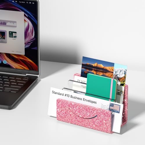 Mail Organizer Envelope Holder - 3 Compartments Glitter Pink Acrylic Mail Holder Countertop Home Office Desk Organizer Small File Sorter Vertical Bill Letter Paper Document Storage Rack - Image 6