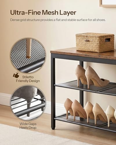HOOBRO Shoe Bench, 3-Tier Shoe Rack, Industrial Shoe Organizer Storage Bench, 29.5 inches Entry Bench with Mesh Shelves, for Entryway, Living Room, Hallway, Easy Assembly, Rustic Brown BF75HX01 - Image 4