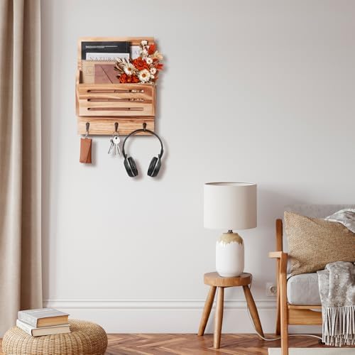 Wall Mounted Key and Mail Holder, 2-Slot Wooden Mail Sorter Organizer - Image 5