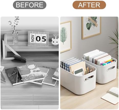 6 Pack White Storage Bins with Lids Stackable Storage Container for Organizing, Small Storage Boxes with Handle for Shelves, Cute Organizer Bins for Craft, Snacks, 9.85x6.9x5.7 inch - Image 7