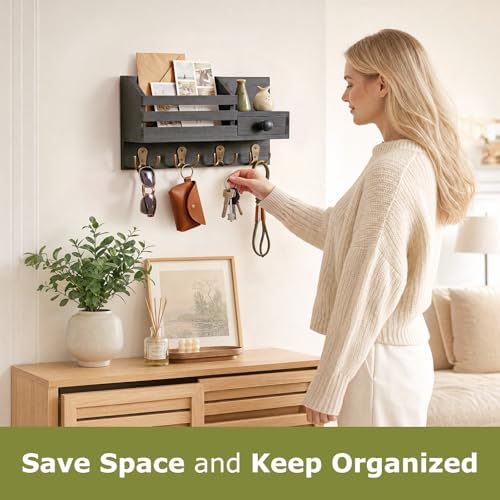 Key Holder Wall Mount, Wooden Key and Mail Organizer, Black - Image 2