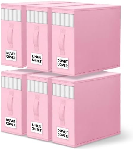 WOWBOX Sheet Organizers and Storage,Closet Bed Sheet Organizer Under Bed Storage and Organization with Label Cards & Clear Window for Bedding Sheets,Duvet Covers,Blankets (6 Pack，Pink) by WOWBOX