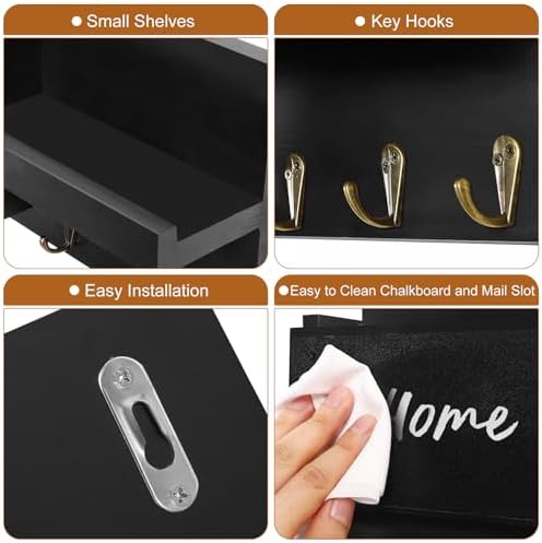 Decorative Key Hanging Rack with 8 Hooks – Easy Install Natural Wooden Key and Mail Holder for Wall Mount – Sunglasses Wallet Holder Entryway Decor with Shelf and Chalkboard (Coal Black) - Image 3