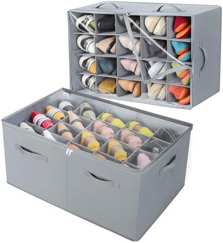 TOPIA HOME Shoe Organizer for Closet 2 Pack, Foldable Shoe Box with Adjustable Dividers and Clear Cover, Space Saving Shoe Storage Organizer Cabinet with Reinforced Handles, Fits 40 Pairs, Gray, TP11G by TOPIAHOME