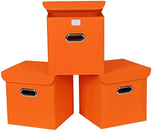 Closet Organizers Fabric Storage Bins With Lids Collapsible Cube Storages Organizer Basket With Handles,Storage Boxes for Clothes Storage,Office,Toys,3 Pack,（Orange by SEVENDOME