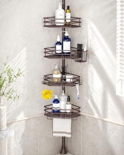 SEIRIONE Corner Shower Caddy Tension Pole, Quick Setup, Rust-Free Bathroom Shower Organizer Corner for Bathtub Shampoo Storage, 4-Tier Adjustable Shelf, Drill Free, Fits 34 to 116 Inch Height, Bronze by SEIRIONE
