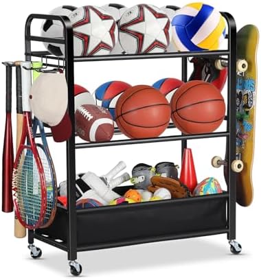 EXTCCT Ball Storage Rack with Wheels for Garage, Sports Equipment Organizer by EXTCCT