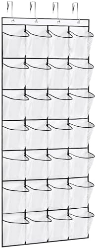 VOPTON 28Large Pockets Over The Door Shoe Organizer, Hanging Shoe Organizer for Closet, Premium Clear Shoe Rack for Door, Shoes Hanger Organizers Storage Holder for Back of Door and 4Metal Hook White by VOPTON