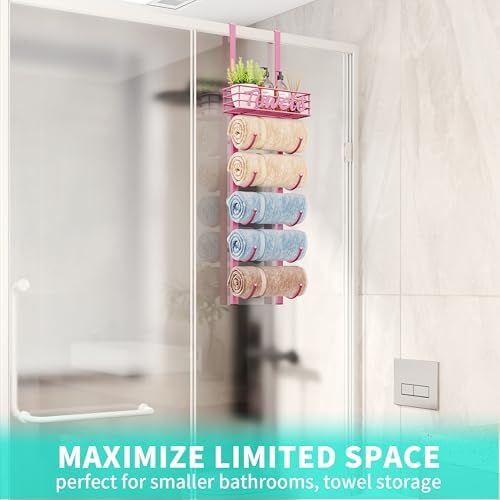 HapiRm Towel Racks for Bathroom Storage - 6 Tier Over The Door & Wall Mount Rolled Towel Storage Organizer Holder with Metal Shelf Basket for Small Bathroom, Camper, Rv - Pink, Patented - Image 6