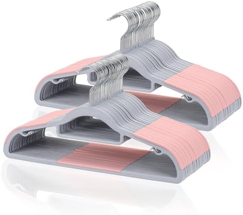 Tonswachic Pack of 50 Coat Hangers, Space-Saving Plastic Clothes Hangers, Non-Slip, 0.2 Inches Slim, 360° Swivel Silver Hook for Shirts, Pants, Suit & Wet/Dry Garments, Pink and Dark Gray by TonswachicHangersSpaceSaver
