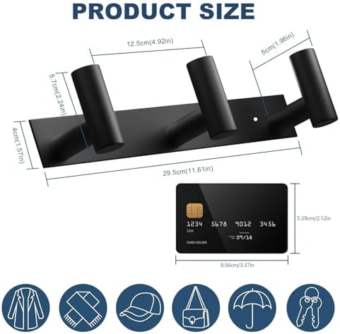 VAEHOLD Black Hat and Coat Wall Mount Rack - 3 Hooks for Robes, Bags, Keys, and Towels - Bathroom Towel Hanger Organizer (2 Pack) - Image 5