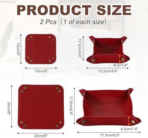 uxcell 2 Pcs Valet Tray for Women and Men, PU Leather Jewelry Tray Entryway Table Bedside Nightstand Catchall Storage Organizer for Jewelry Key Coin Watch Wallet(Square, Dark Red) - Image 2