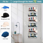 AOODA Clear Over the Door Hat Racks for Baseball Caps, Large Holds up to 72 Caps Hat Storage Organizer for Closet Wall, Deep Pockets Hanging Snapback Holder Shelves with 3 Hooks, White - Image 4