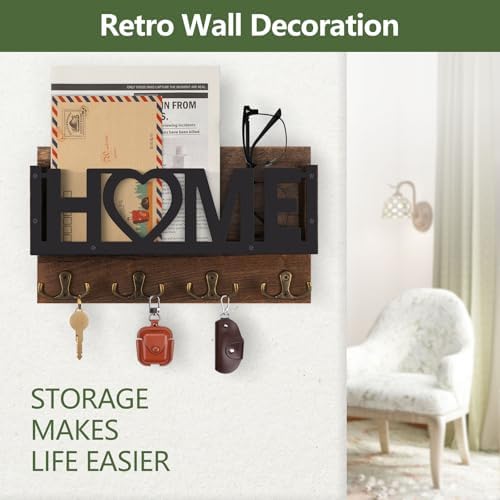 Wall Mount Mail and Key Holder, Wooden Mail Organizer with 4 Double Hooks, Black Metal Letters, Farmhouse Home Decor, Entryway Storage, 10.8 x 3.3 x 6.2 Inches - Image 5