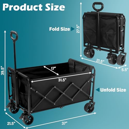 Collapsible Wagon Cart with Wheels Foldable: 500LBS Heavy Duty Folding Utility Wagon - Portable All Terrain Grocery Wagon Cart for Groceries Shopping Outdoor Camping Sports (Black-500Lbs) - Image 6