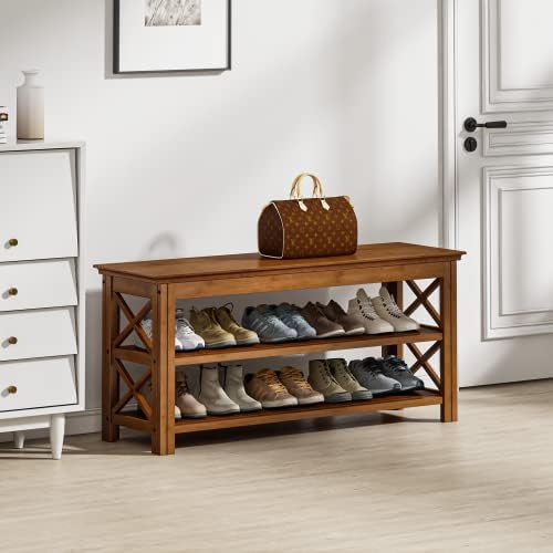 Bamworld Shoe Rack Bench with Storage 3 Tier Bamboo Shoe Bench Entryway Rustic Solid Wood Entryway Bench (X-Brown,39.4") by Bamworld