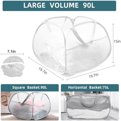 Bemkoo Collapsible Laundry Basket, 90L Large Foldable Mesh Pop Up Hamper for Laundry, Dirty Clothes, Bedroom, Bathroom, Dorm, Laundry Room, Travel, Camping, White - Image 4