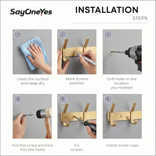 Brushed Gold Wall Mounted Coat Rack – 24 Inch Stainless Steel Rail with 8 Double Coat Hooks for Entryway, Bathroom, Bedroom, Kitchen – Modern Gold Hook Rack for Coats, Hats, Towels - Image 7