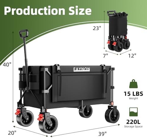 EAYNON 38" L Collapsible Foldable Extended Wagon,440lbs Weight Capacity with 220L Heavy Duty Folding Cart, Utility Wagon with Side Storage Pockets& Drink Holders,Black - Image 2
