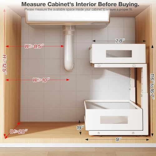 2 Packs 19IN Depth Under Sink Organizer, 2-Tier Pull Out Cabinet Organizer With Smooth Circular Rail, Large Capacity Metal Mesh Sliding Drawers For Bathroom& Kitchen Storage,Height Adjustable –White - Image 2