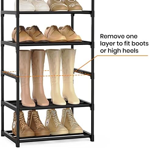 Narrow Shoe Rack 10 Tiers Tall Shoe Rack for Entryway Closet 20 24 Pairs Shoe & Boots Organizer Storage Shelf Durable Black Metal Stackable Shoe Cabinet with Hooks, 17.1D x 11.8W x 78.7H in - Image 5