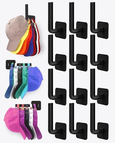 Hat Rack for Hat Storage (12-Pack), Multi-Purpose Hat Organizer, Strong Adhesive Hat Hooks for Wall Hat Organizer for Baseball Caps, Two Mounting Options Hat Hook, Black by Sunfanie