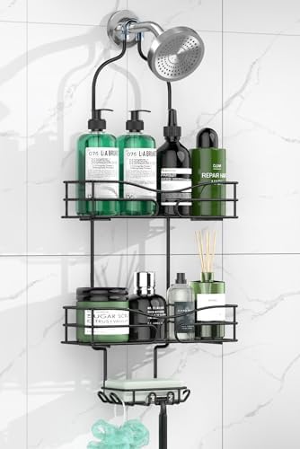 DAOYA Bathroom Shower Caddy Hanging - 3-Tier Organizer with Soap Holder & 6 Hooks for Towels, Sponge; Fits 21mm Shower Head Arm, Black by DAOYA