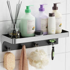 Shower Caddy Adhesive with 5 Hooks & Drainage, No-Drill, Silver by LEWONO