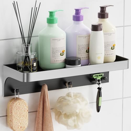 Shower Caddy Adhesive with 5 Hooks & Drainage, No-Drill, Silver by LEWONO