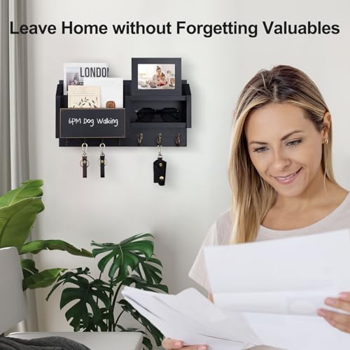 Lwenki Mail and Key Holder – Wall Mount Key Hanger with Shelf and 7 Metal Hooks – Decorative Natural Paulownia Wood Entryway Organizer with Mounting Hardware (16.5”W x 8.7”H x 3.5”D) (Black) - Image 3