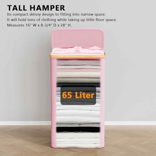 SpaceAid Slim Laundry Hamper with Lid, 65L Narrow Clothes Basket Bin with Bamboo Handles, Skinny Tall Collapsible Hamper for Bedroom, Bathroom, Dorm, Laundry Room - Pink - Image 2