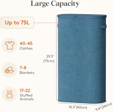 Lifewit Slim Laundry Basket with Lid and Removable Bag, 75L, Dark Blue - Image 3