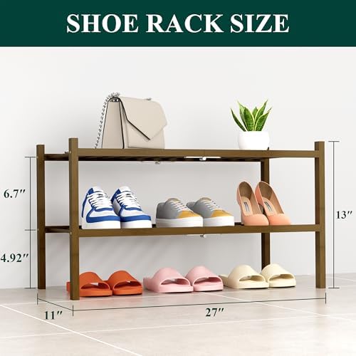 Smiry Bamboo Shoe Rack, 14 Vertical Slats, 2 Tier - 26.8" Wide, Walnut - Image 2