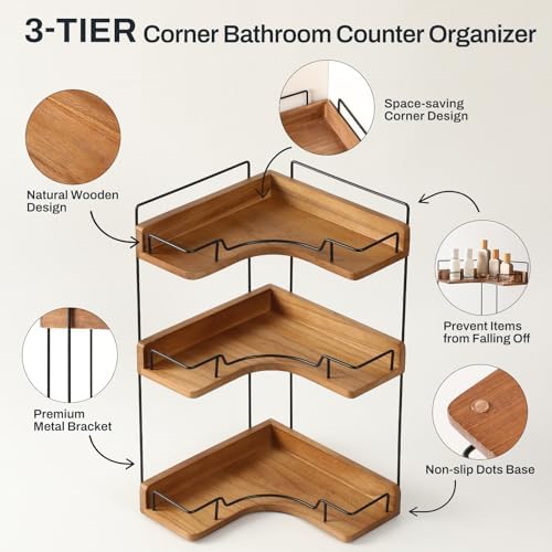 3-Tier Bathroom Counter Organizer, Wooden Corner Shelf for Vanity Countertop Skincare & Makeup, Storage and Organization for Kitchen - Image 3