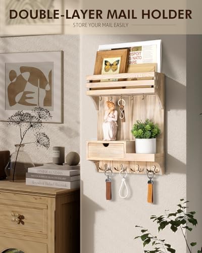 Rebee Vision Key Holder Wall Mount with Drawer for Entryway, Natural Wood - Image 2
