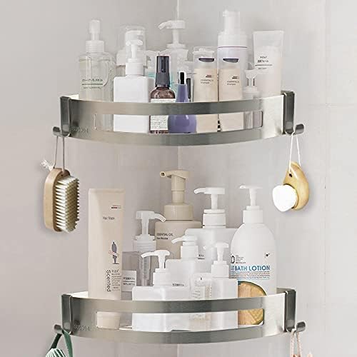 NearMoon Bathroom Shower Caddy 2 Pack, 304 Stainless Steel Shower Organizer with 2 Hooks, No Drill (Corner Shelf, Brushed Nickel) - Image 6