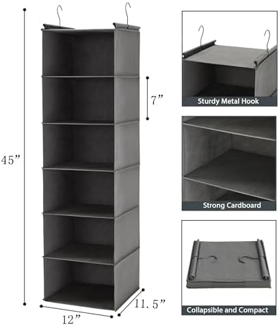 MAX Houser 6 Tier Shelf Hanging Closet Organizer,2 Pack, Grey | Dorm Room Essentials with 2 sturdy hooks, foldable lightweight fabric closet storage, space-saving design for Bedroom - Image 3