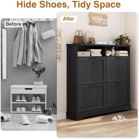 Hidden Shoe Storage Cabinet with 4 Flip Drawers & Open Storage - Image 4