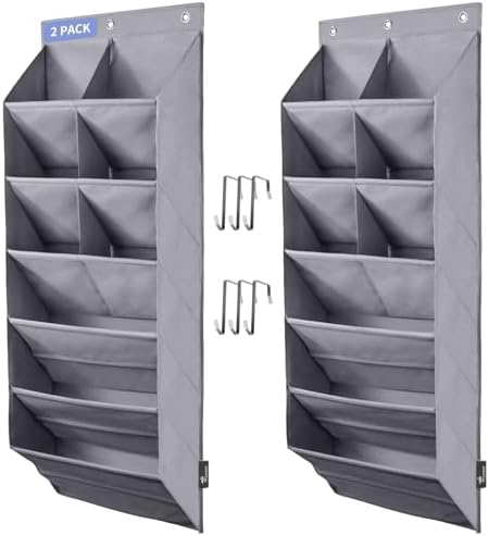 FENTEC 2 Pack Over the Door Shoe Organizer, Hanging Shoe Organizer, 6-Tier Large Deep Pockets Door Shoe Rack with 3 Hooks Shoe Organizer for Shoes, Sneakers, and Home Accessories, Grey by Fentec