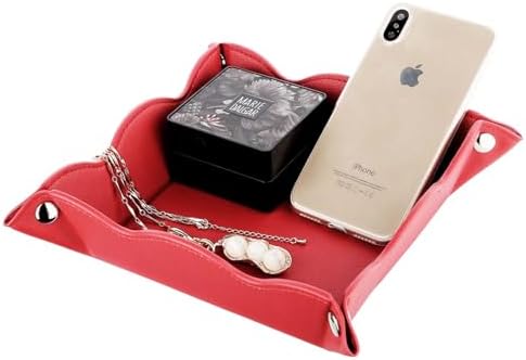 Valet Tray for Men Women - PU Leather Travel Catchall Tray Organizer - Desk Bedside Nightstand Storage Box for Jewelry Key Phone Remote Controller Wallet Watch Glasses Coin Readers -Red by Unknown