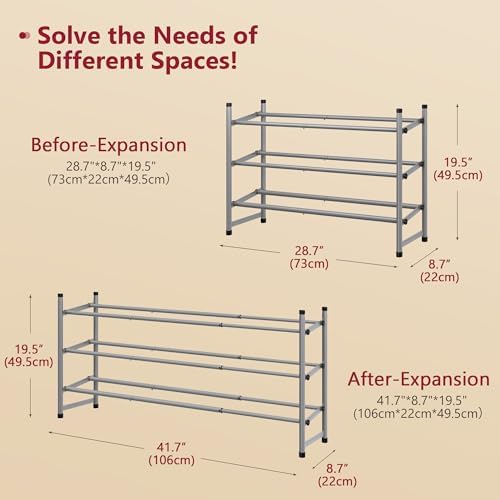 Tajsoon Expandable Shoe Rack for Closet 3 Tier, 28“-41“Stackable, Grey - Image 3