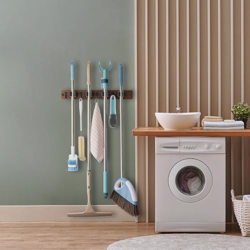 OUTNILI Mop and Broom Holder Wall Mount - Wood Broom Mop Hanger - Wall Mounted Garden Tool Rack Organizer for Closet Garage Laundry Room, Rustic Kitchen Decor With 4 Slots & 4 Hooks - Image 5