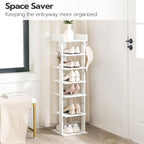 HOOBRO Vertical Shoe Rack for Front Door Entryway, 7 Tier Wooden Shoe Storage Organizer with Hooks, Narrow Shoe Tower for 7 Pairs, Space Saving, for Corner, Closet, Bedroom, White WT61XJ01 - Image 3