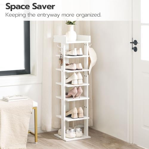 HOOBRO Vertical Shoe Rack for Front Door Entryway, 7 Tier Wooden Shoe Storage Organizer with Hooks, Narrow Shoe Tower for 7 Pairs, Space Saving, for Corner, Closet, Bedroom, White WT61XJ01 - Image 3