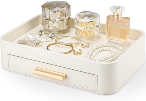 GORESE PU Leather Valet Tray with Drawer, Nightstand Organizer Catch All Tray for Jewelry Perfume Purse Trinket Key Holder, EDC Trays for Desk Vanity Entryway Table, Gift for Women Men, Cream White by GORESE