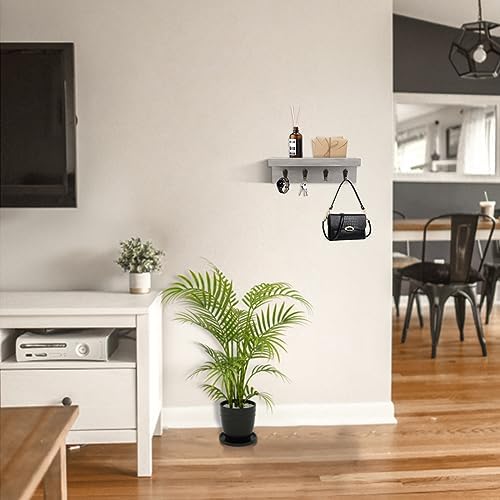 HRONRAD Rustic Key Holder for Wall, Farmhouse Wall Shelf with 4 Hooks, Wall Mounted Key Racks, Wooden Mail Organizer with Hooks for Entryway (Grey) - Image 3