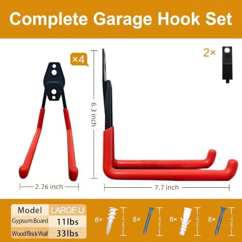 Garage Hooks, 4 Pack Large Square Wall Hooks for Hanging Heavy Duty Ladders, Bikes, Tools Ideal for Garage, Garden, Basement Utility Room Storage (Orange) - Image 2