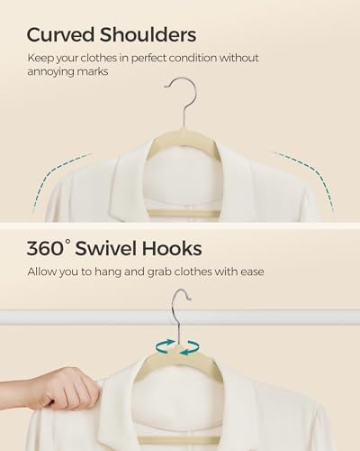 SONGMICS Velvet Hangers 50 Pack, Non-Slip Clothes Hangers with Shoulder Notches, Pants Bar, 360° Swivel Hook, Space-Saving, for Closet, Summer Sand UCRF029K05 | Suit Hangers with Shoulder Notches, Pants Bar, 360° Swivel Hook, for Closet, Summer Sand, B... - Image 7
