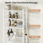 Over The Toilet Storage Shelf, 4-Tier Bathroom Organizer with Basket & Hooks, Sturdy Space Saver for Small Bathrooms, White - Image 3